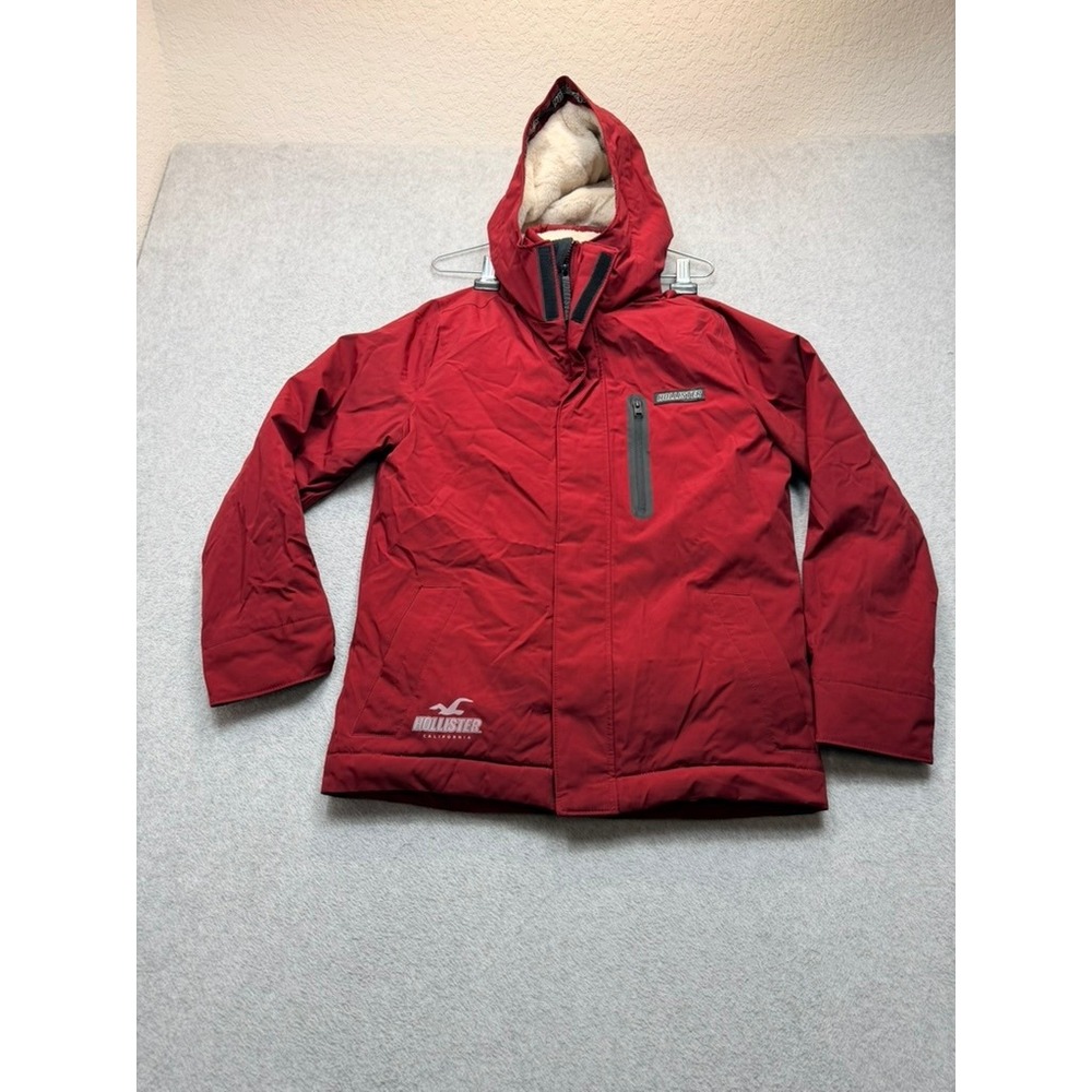 Hollister Mens All-Weather Jacket Red Sherpa Lined Hooded Parka Coat Small
